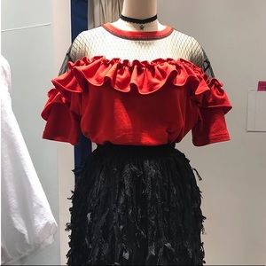 black frill see through blouse top